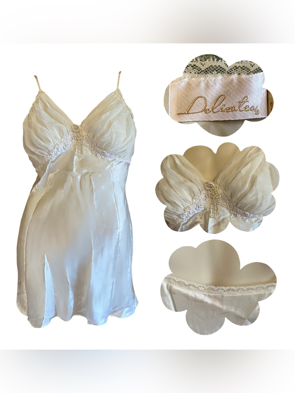 Vintage Delicates Rose Appliqué Ruffled Bust Mini Satin Slip Dress